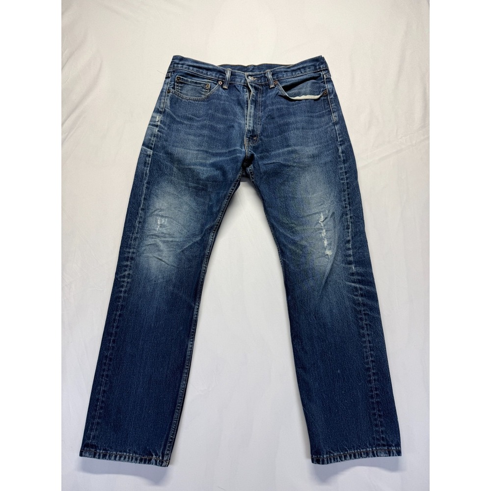 Levi's 505 Jeans Mens 36x32 Blue Denim Whiskered Logo Straight Leg Streetwear